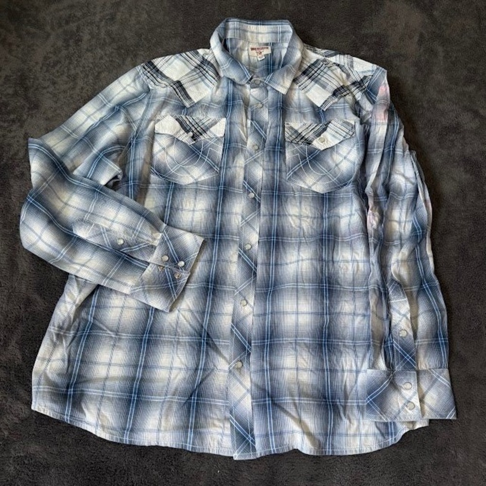 True Religion Mens 3XL Blue White Plaid Western Pearl Snap Long Sleeve Shirt